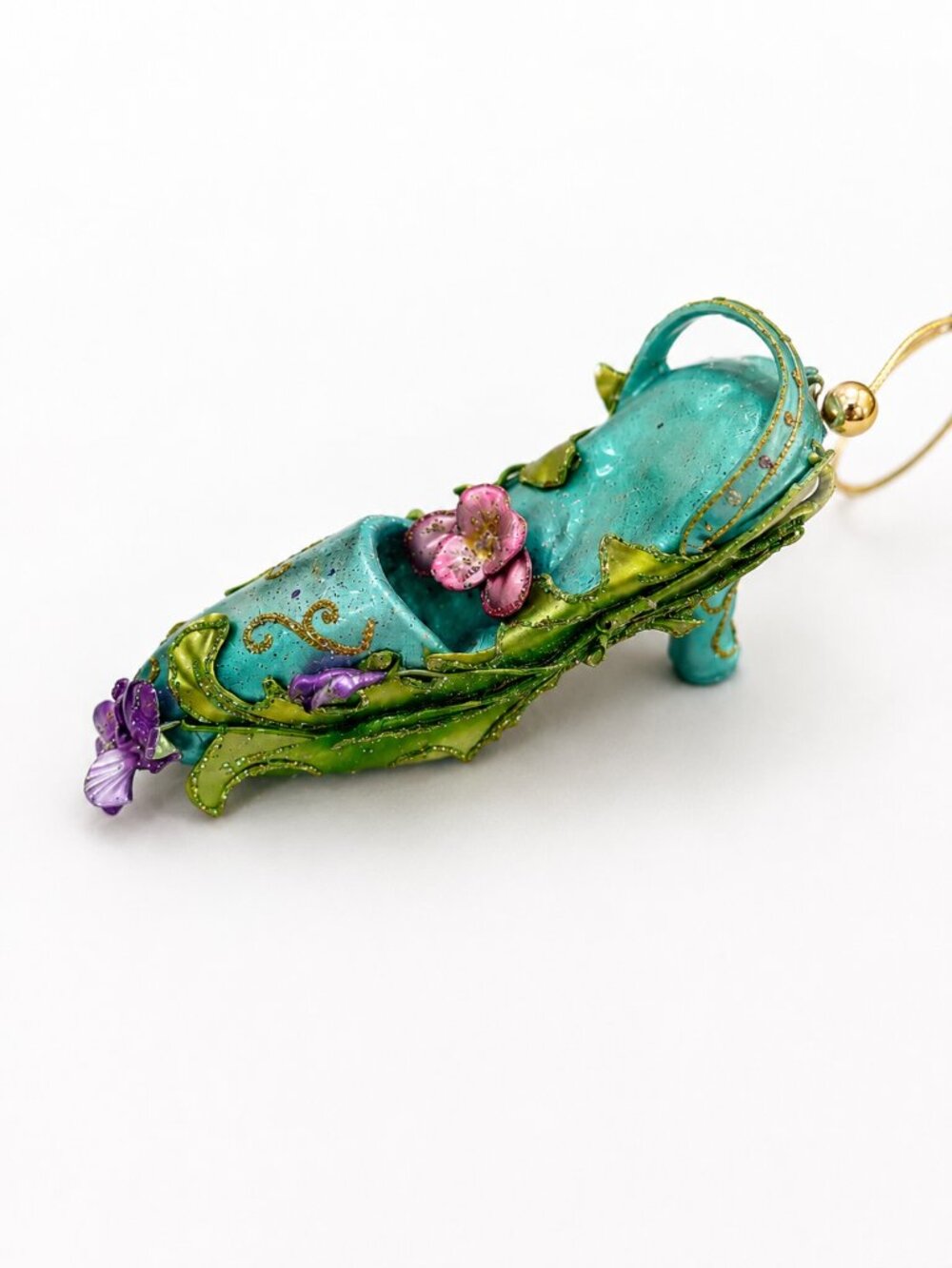 Whimsical Fairy Shoe Christmas Ornament | Hand Painted Teal Floral Slipper